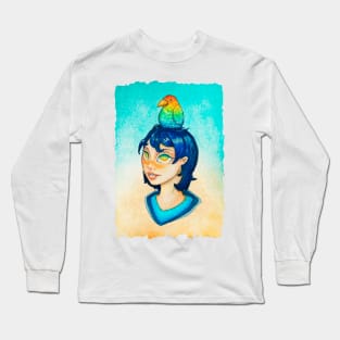 The watercolor girl and bird with background Long Sleeve T-Shirt